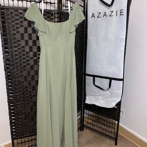 AZAZIE “Bondi” Pistachio A-Line Ruffled Chiffon Floor-Length Bridesmaid Dress - Picture 3 of 7